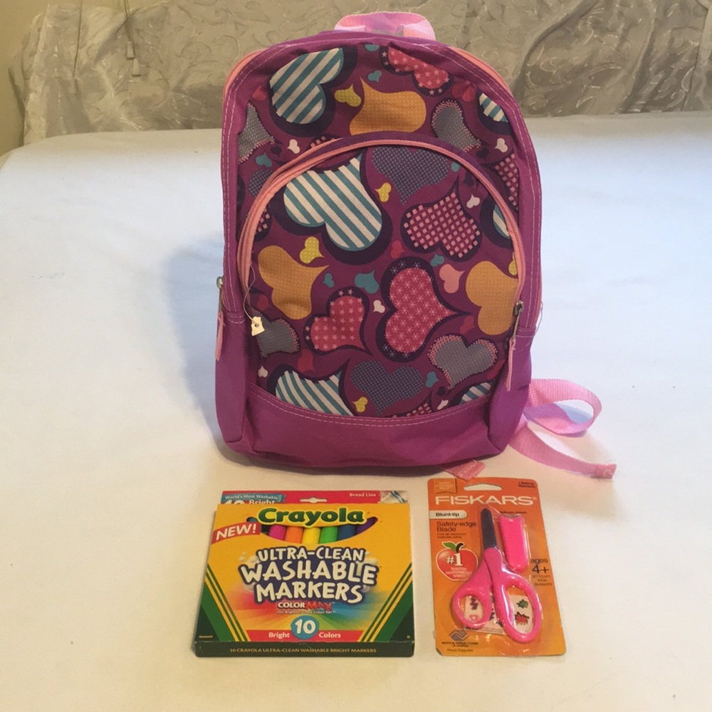 Backpack Pink hearts Girl’s back To School With Markers, scissors & 2 extras NEW - Picture 1 of 4